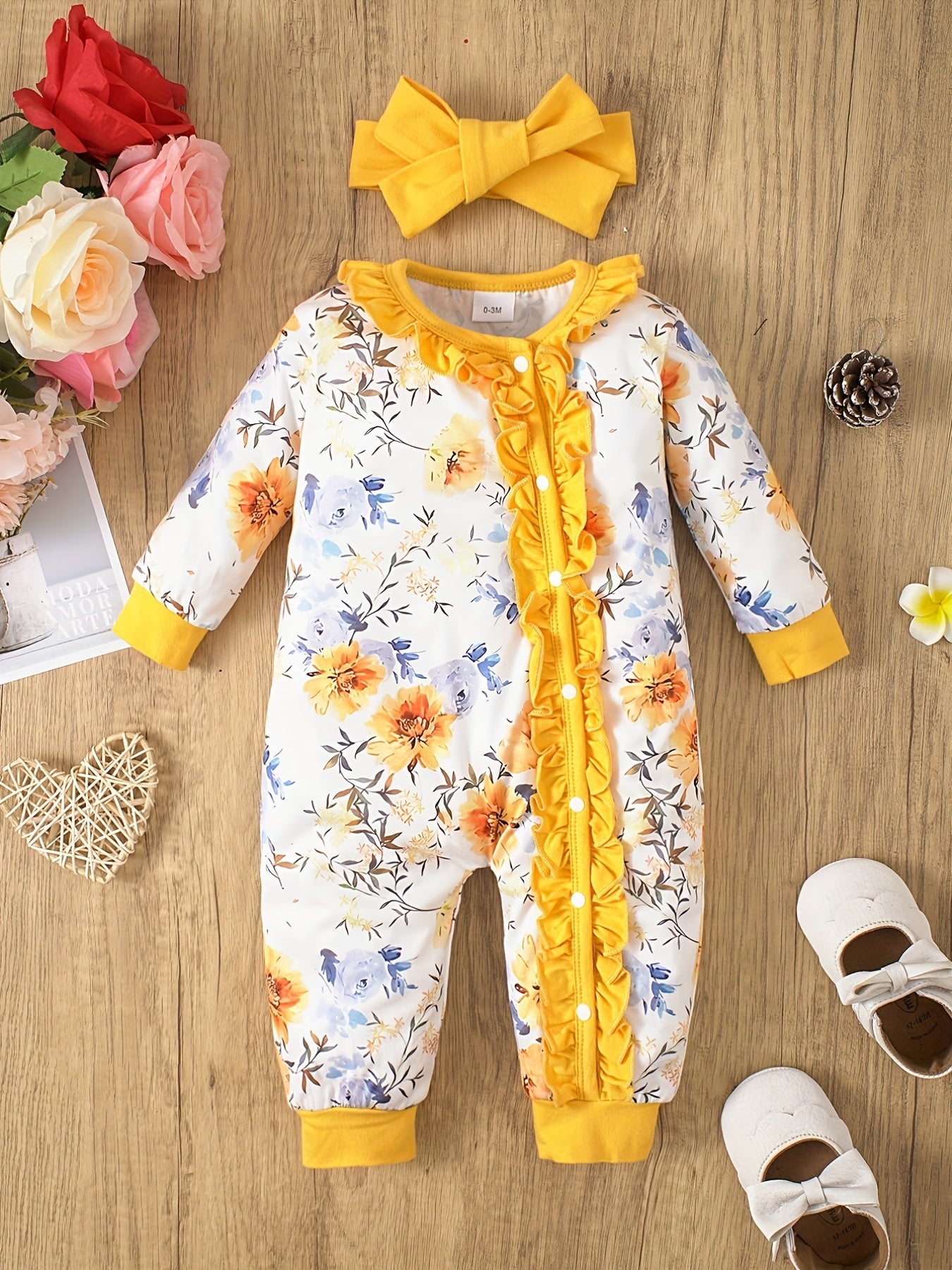 Floral Ruffled Baby Jumpsuit Bandana Set