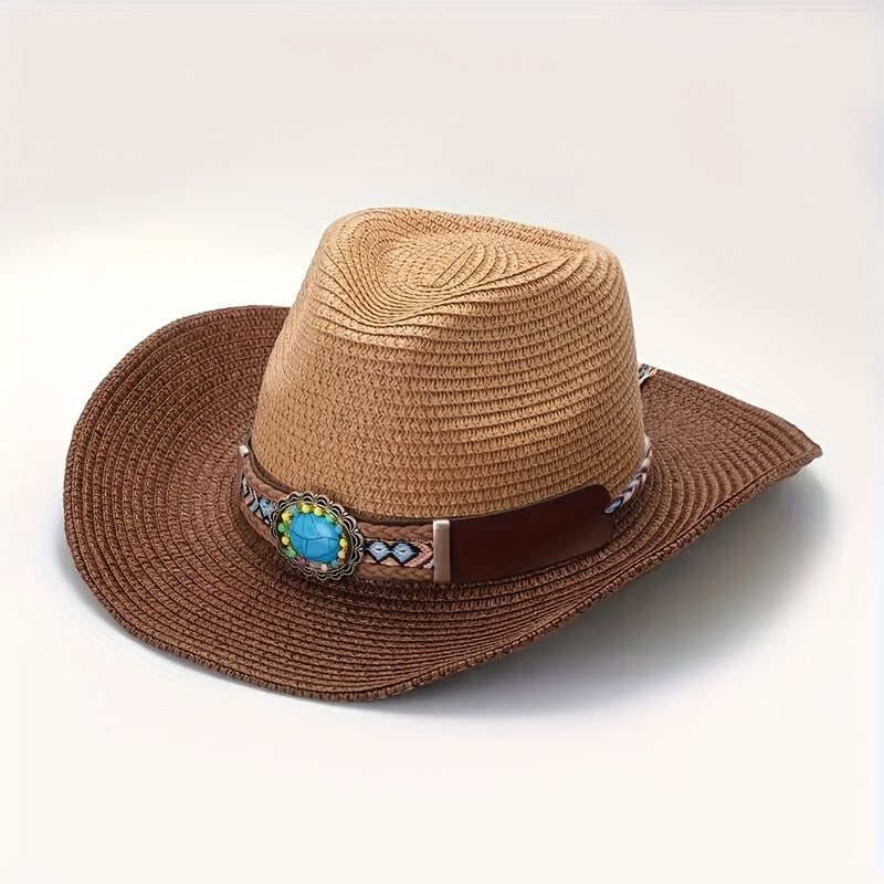 Bohemian Style Inlaid Stone Straw Hat Beach Cowboy Hat