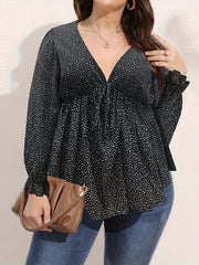 Dot Print V Neck Peplum Top