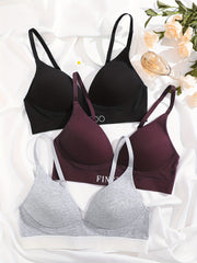 3pcs Letter Print Push Up Bras Comfy & Breathable Intimates Bra