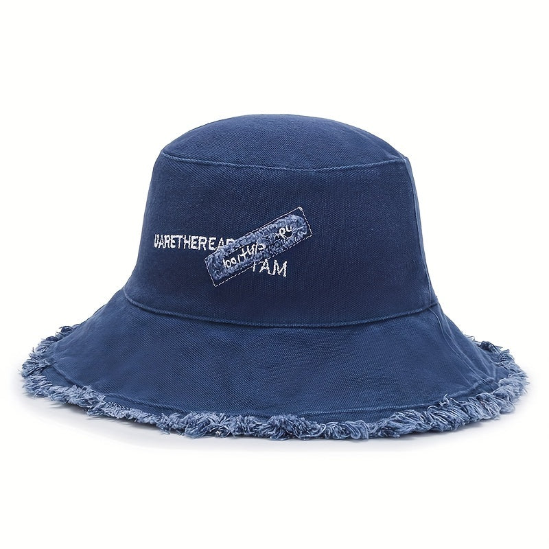 Vintage Embroidery Bucket Hat Frayed Brim Beach Sunscreen Outdoor Basin Hat