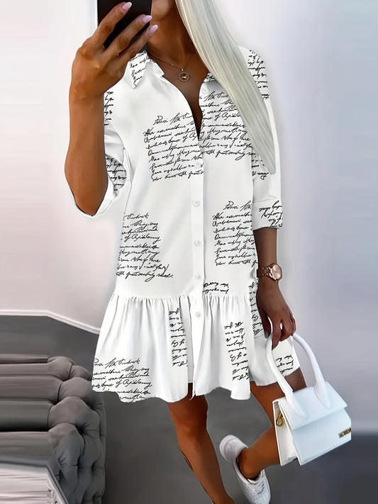  Casual Long Sleeve Button Up Ruffle Trim Shirt Dress