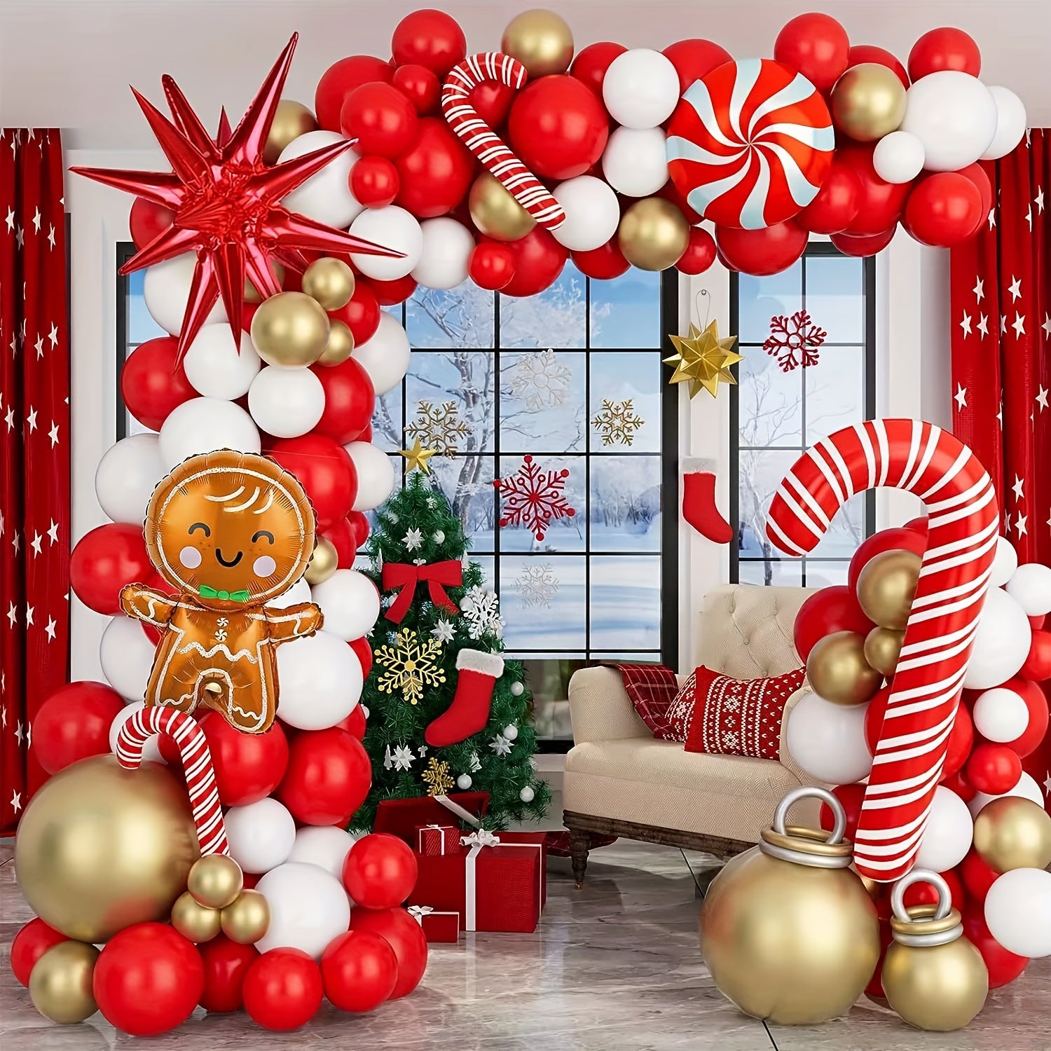 Christmas Balloon Garland Arch Kit Red Golden Candy Cane Balloons