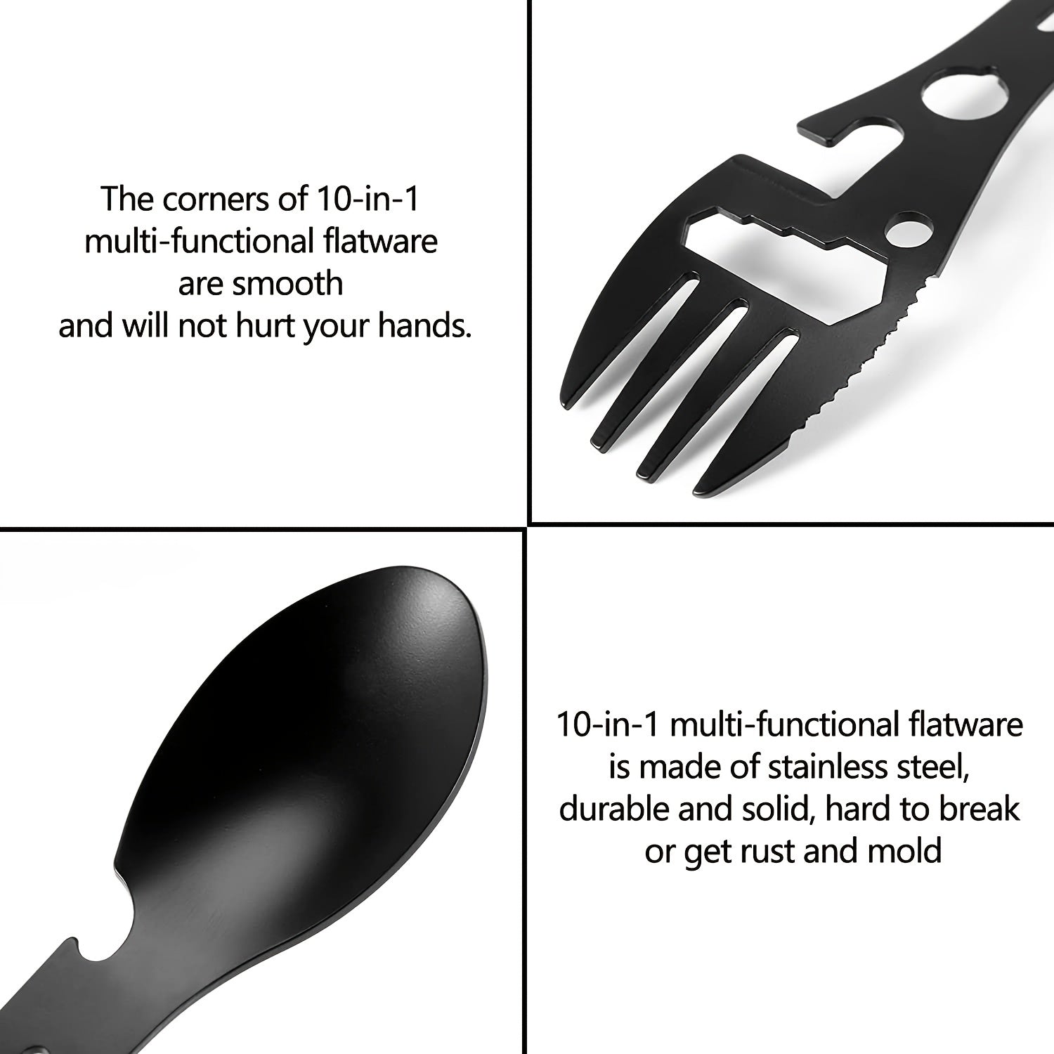 10 in 1 Spork Stainless Steel Utensil Can Opener Multi-Tool for Camping Hiking