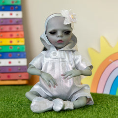 14" Realistic Vinyl Alien Doll Handcrafted Silver Dress with Floral Headband