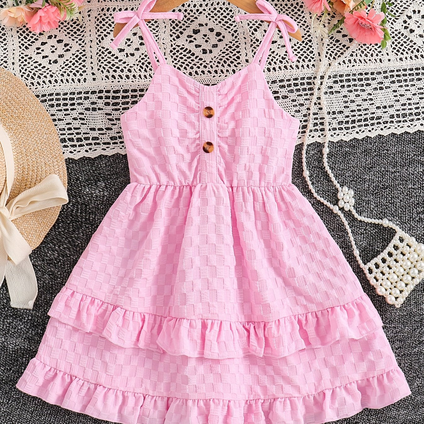 Girls' Bowknot Spaghetti Strap Cami Dress Knee Length