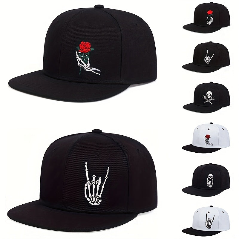 Skull Rose Print Snapback Hat Hip Hop Unisex Solid Couple Baseball Cap