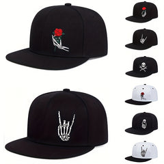 Skull Rose Print Snapback Hat Hip Hop Unisex Solid Couple Baseball Cap