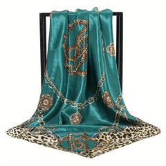 Leopard Chain Print Bandana Satin Square Head Scarf Solid Shawl