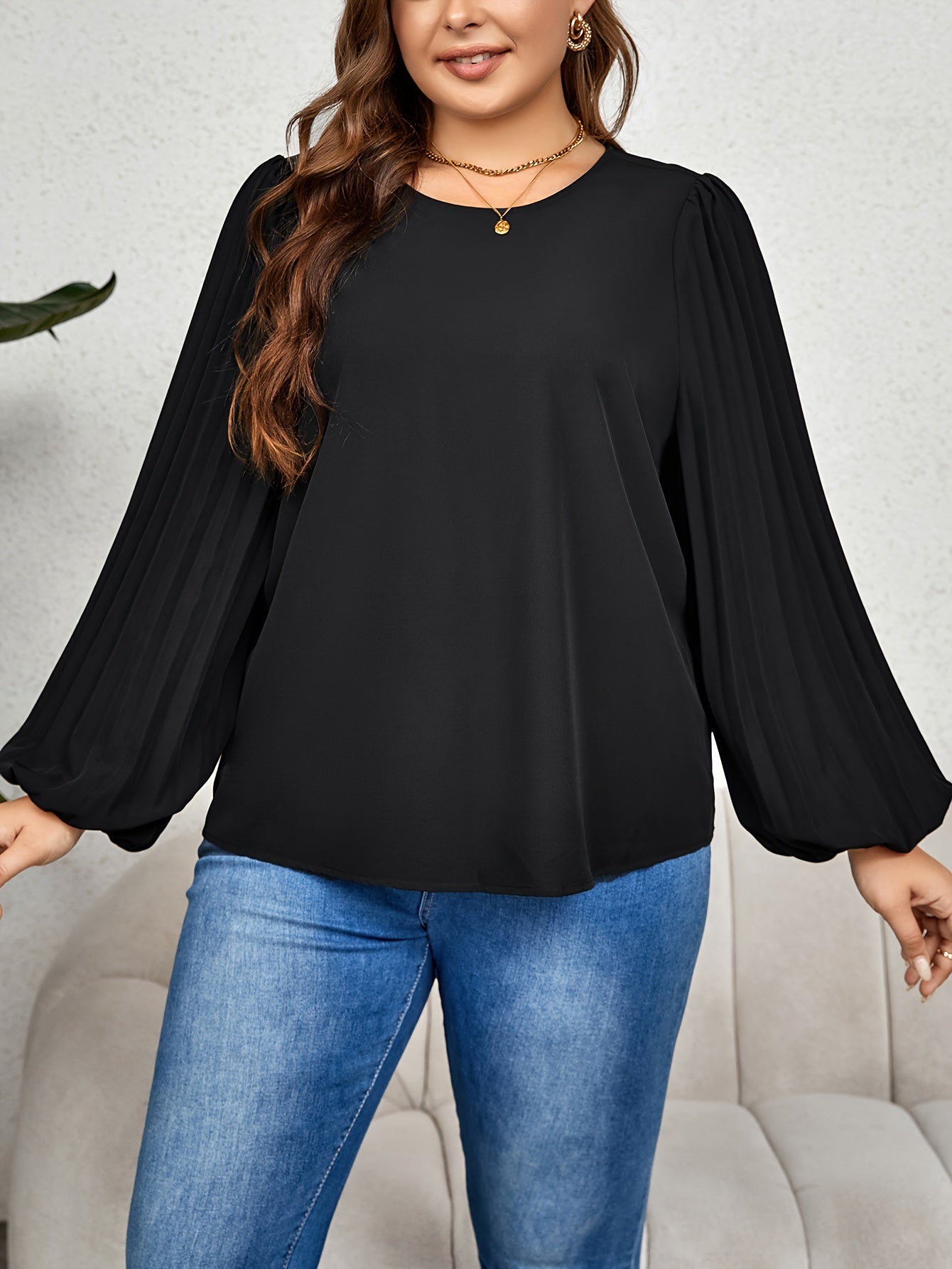  Solid Lantern Sleeve Round Neck Blouse