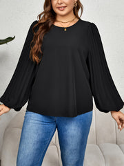  Solid Lantern Sleeve Round Neck Blouse
