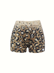 Plus Size Leopard & Slogan & Bull Skull Print High Rise Skinny Shorts