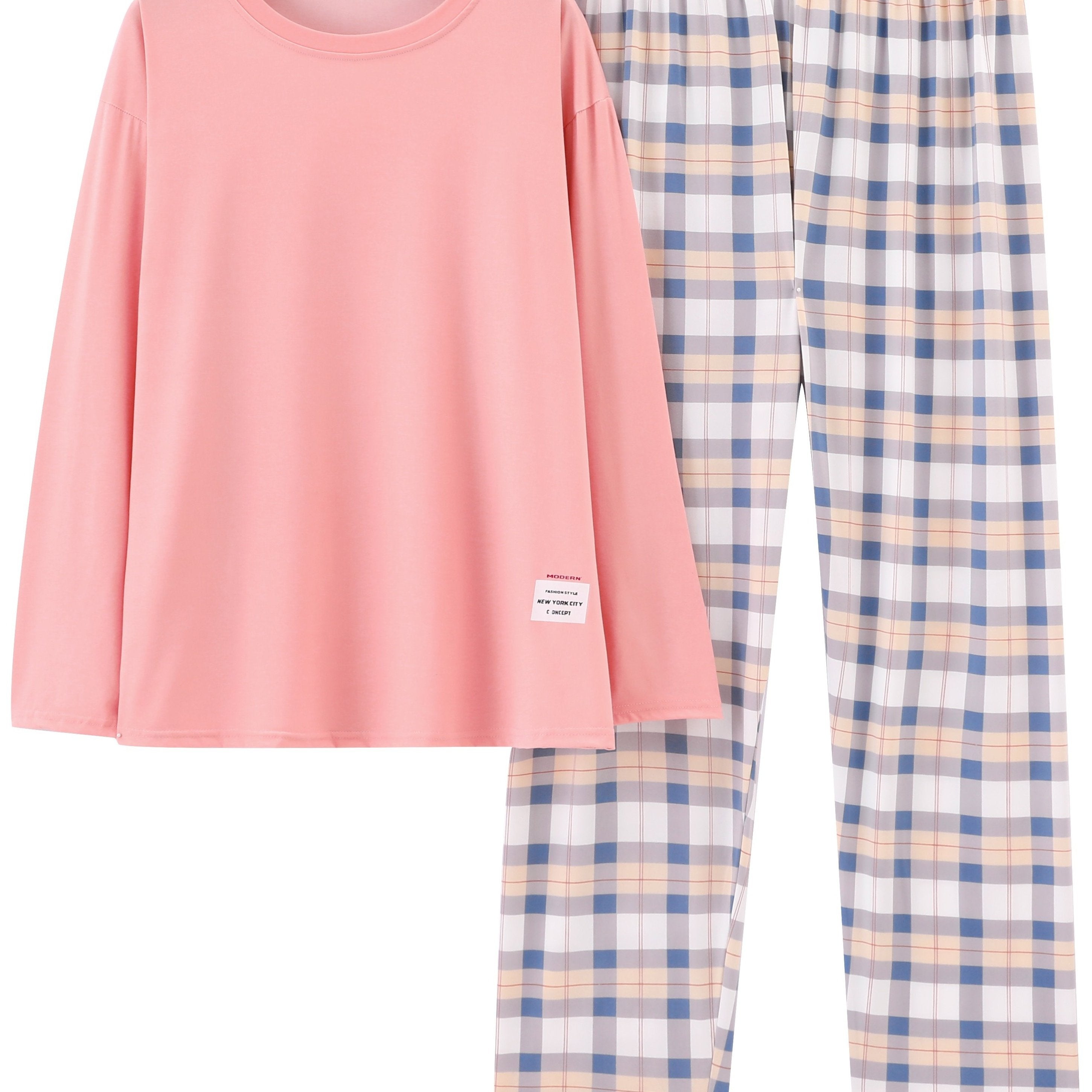  Casual Pajamas Set Women's Soft Tee & Plaid Pants 2pcs Set