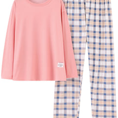  Casual Pajamas Set Women's Soft Tee & Plaid Pants 2pcs Set