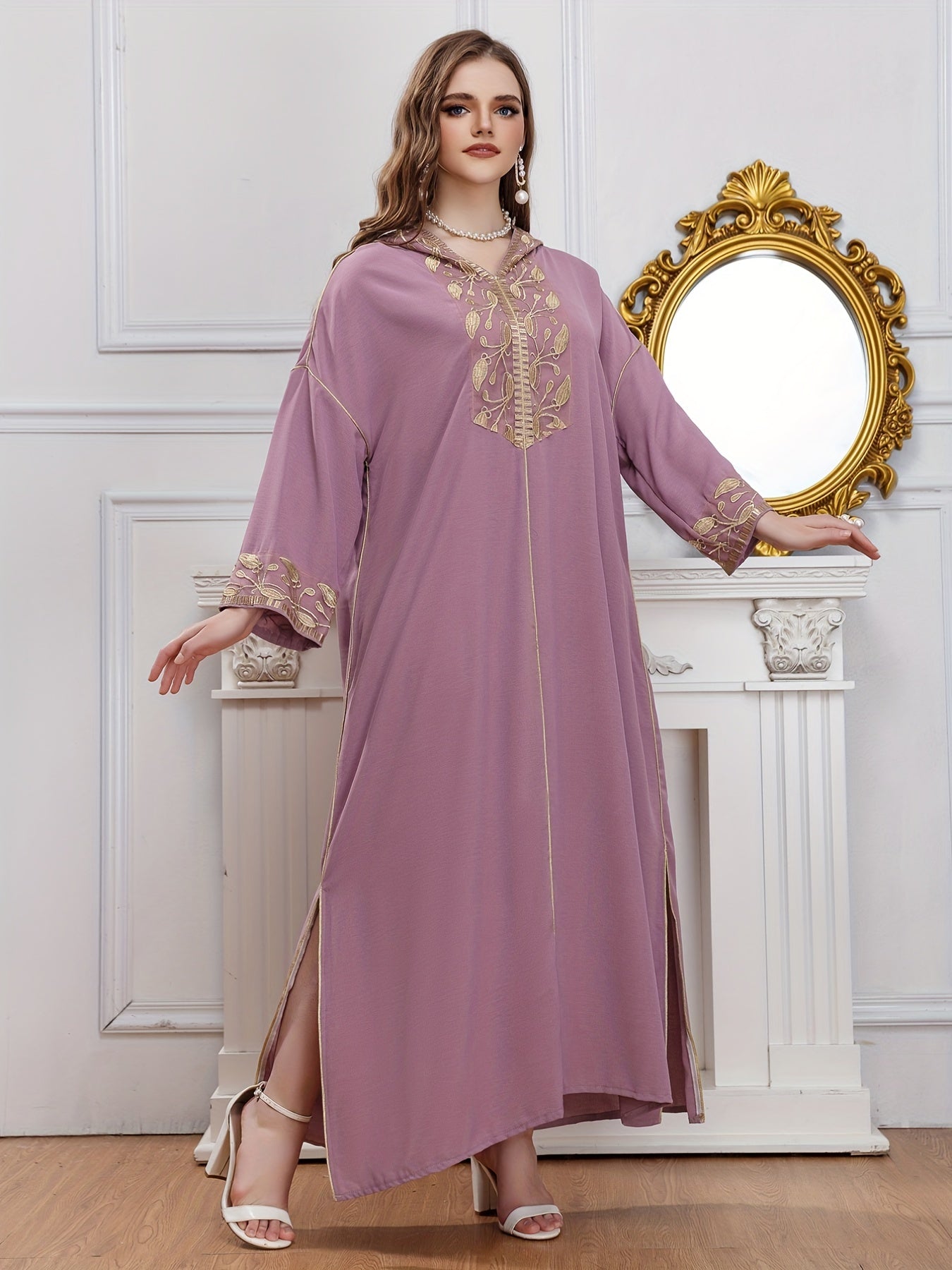  Abaya Dress Women's Plus Leaf Print Long Sleeve Maxi Jalabiya