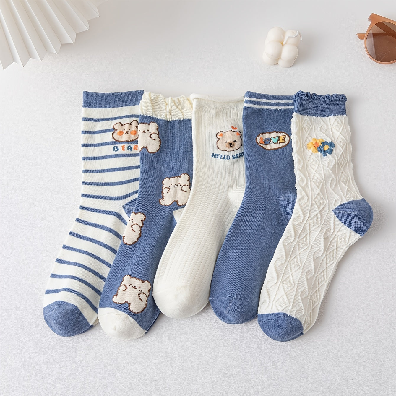 5 Pairs Teddy Bear Crew Socks Mixed Pattern Textured Pack