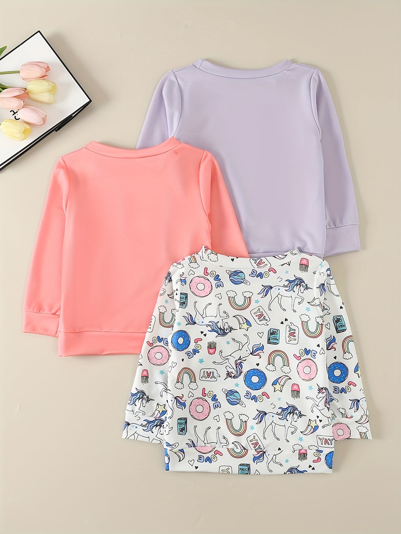 3 Pk Girls' Cartoon Unicorn Sweatshirts Set