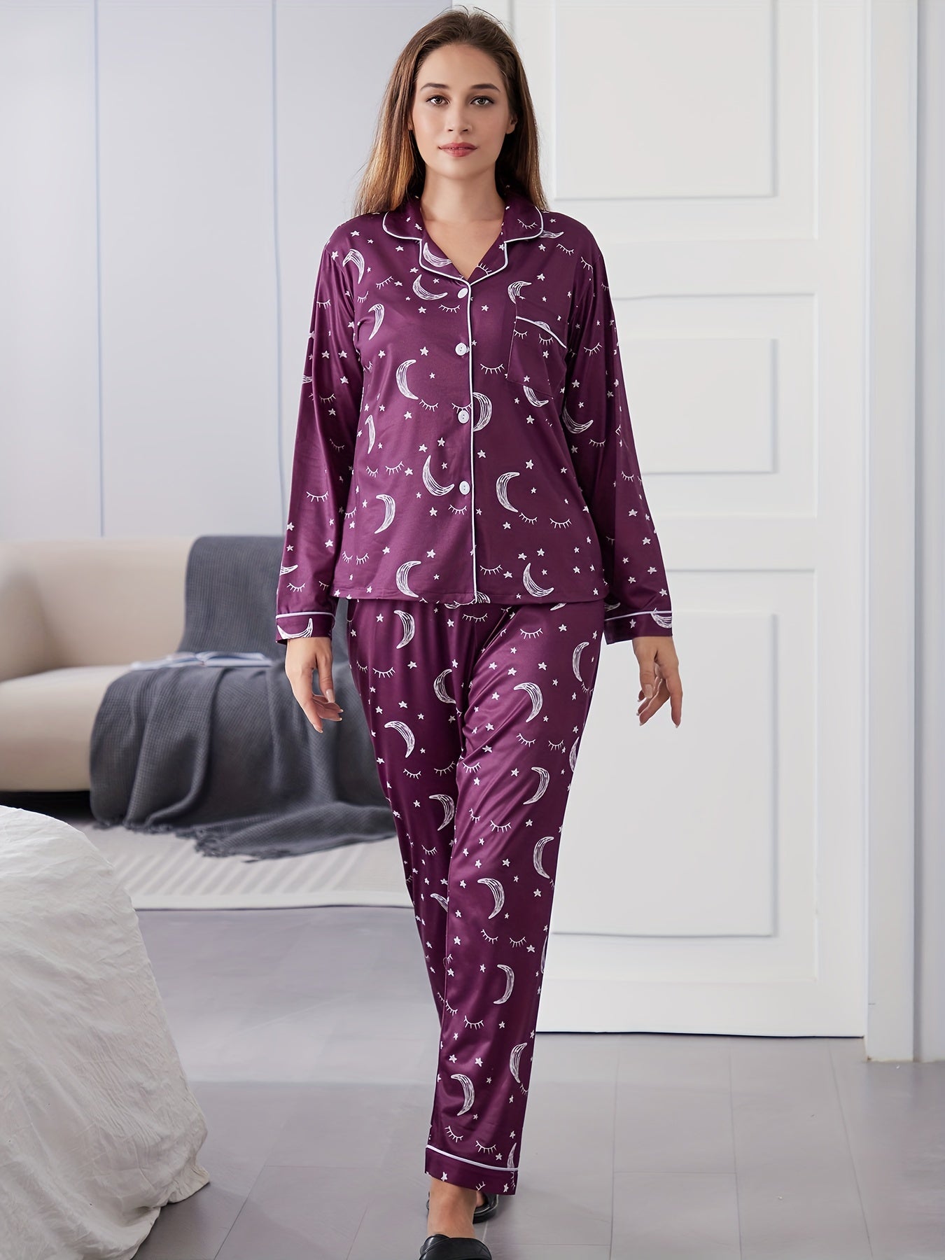 Moon Print Pajama Set Long Sleeve Top & Pants Women's Sleepwear