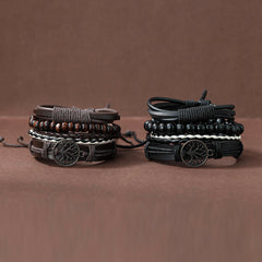 4pcs Set Men's Braided Leather Bracelets Vintage Tree Rudder Charm Brown