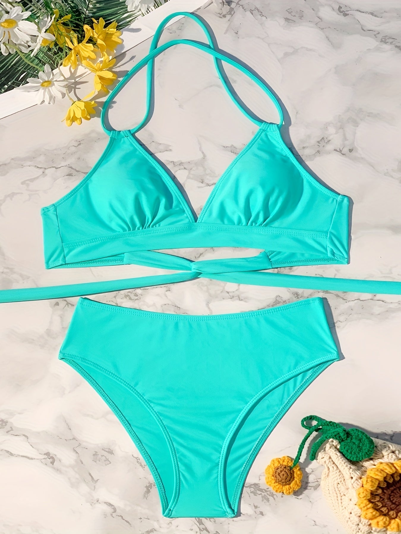Criss Cross Tie Back 2 Piece Bikini Solid V Neck Stretchy Swimsuit