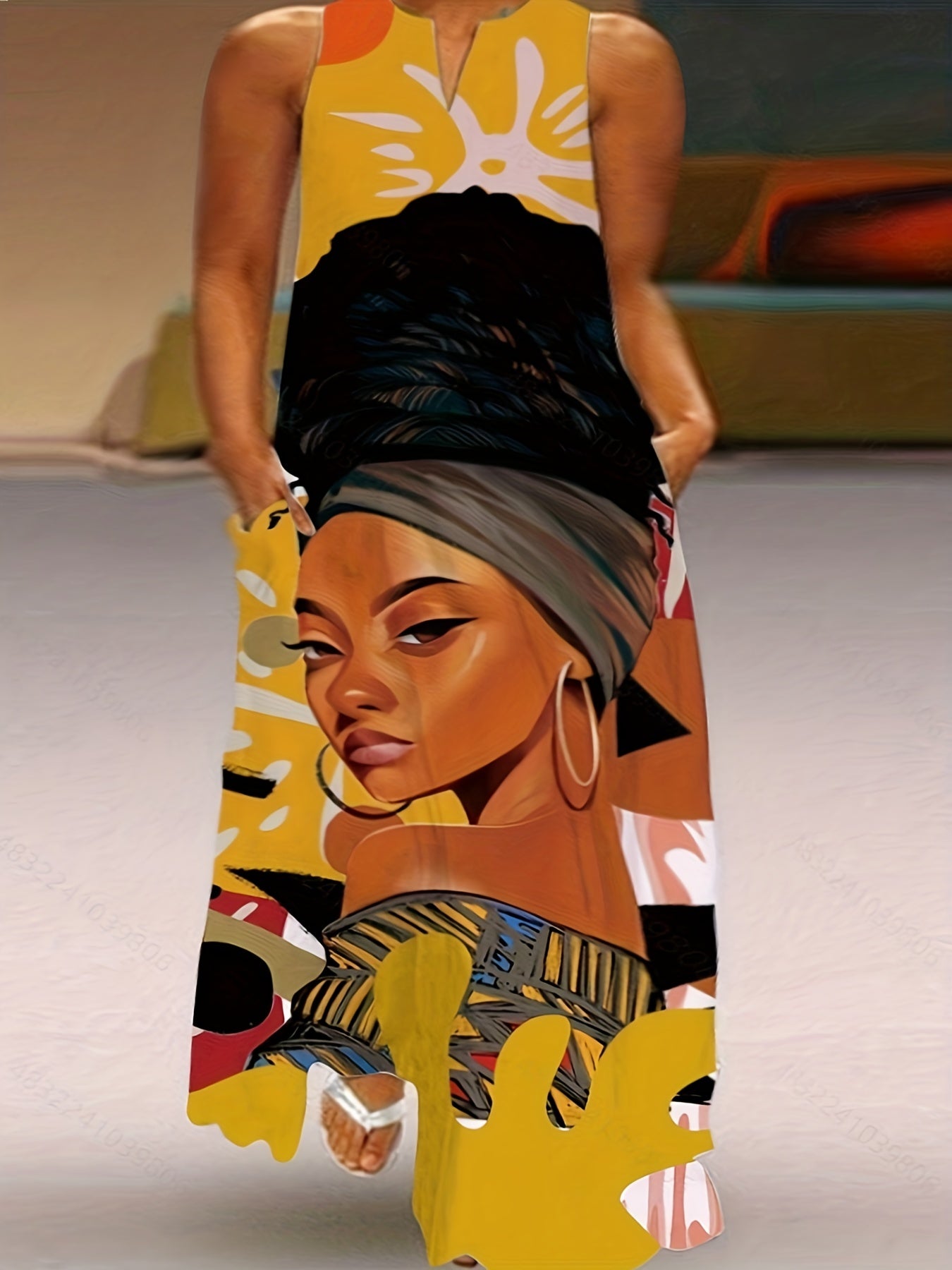  Figure Print Tank Dress with Pockets