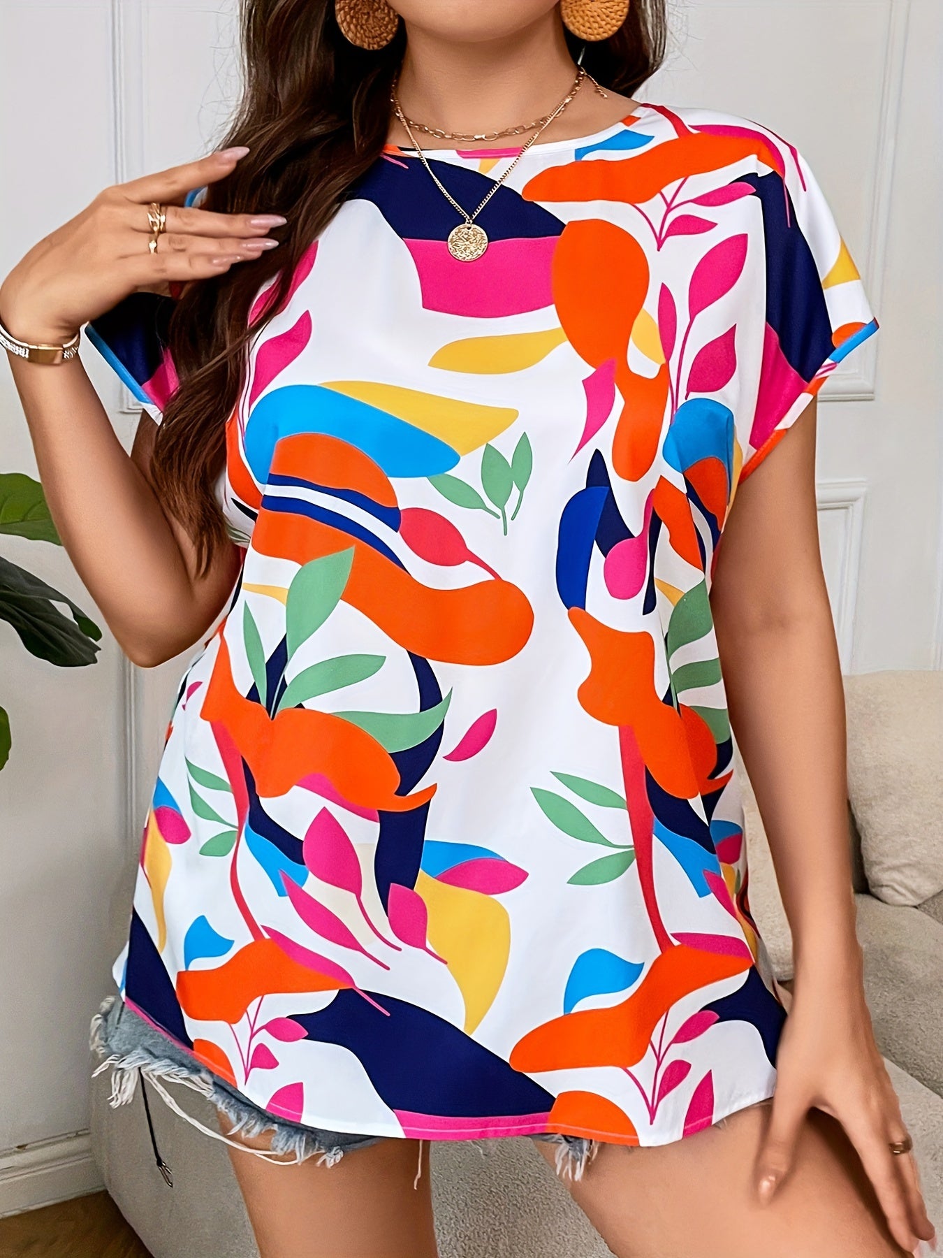  Floral Print Twist Back Bat Sleeve Top