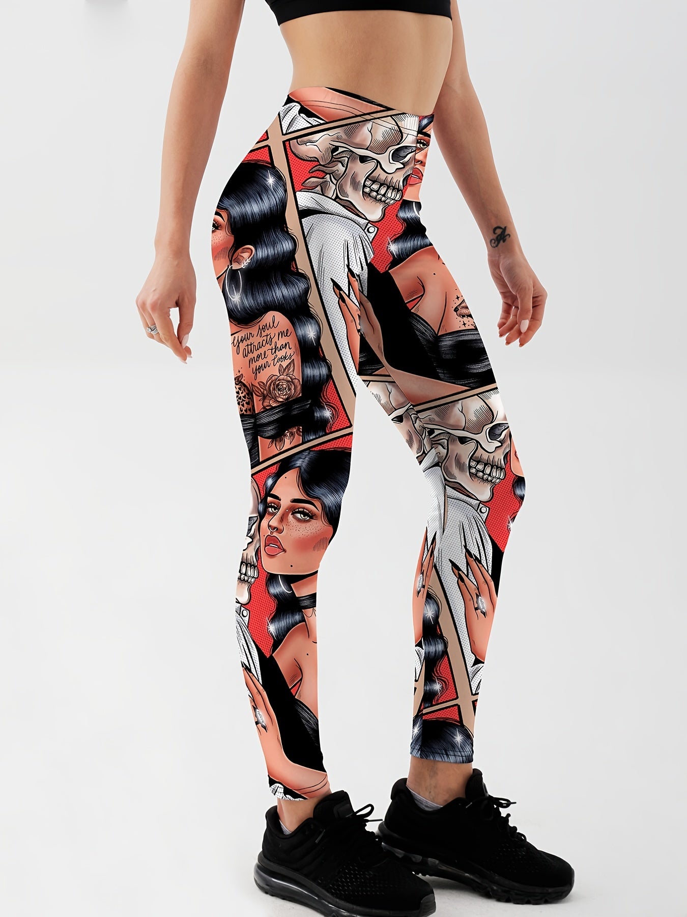 Cartoon Skull Print Yoga Leggings For Halloween High Stretch