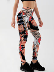 Cartoon Skull Print Yoga Leggings For Halloween High Stretch