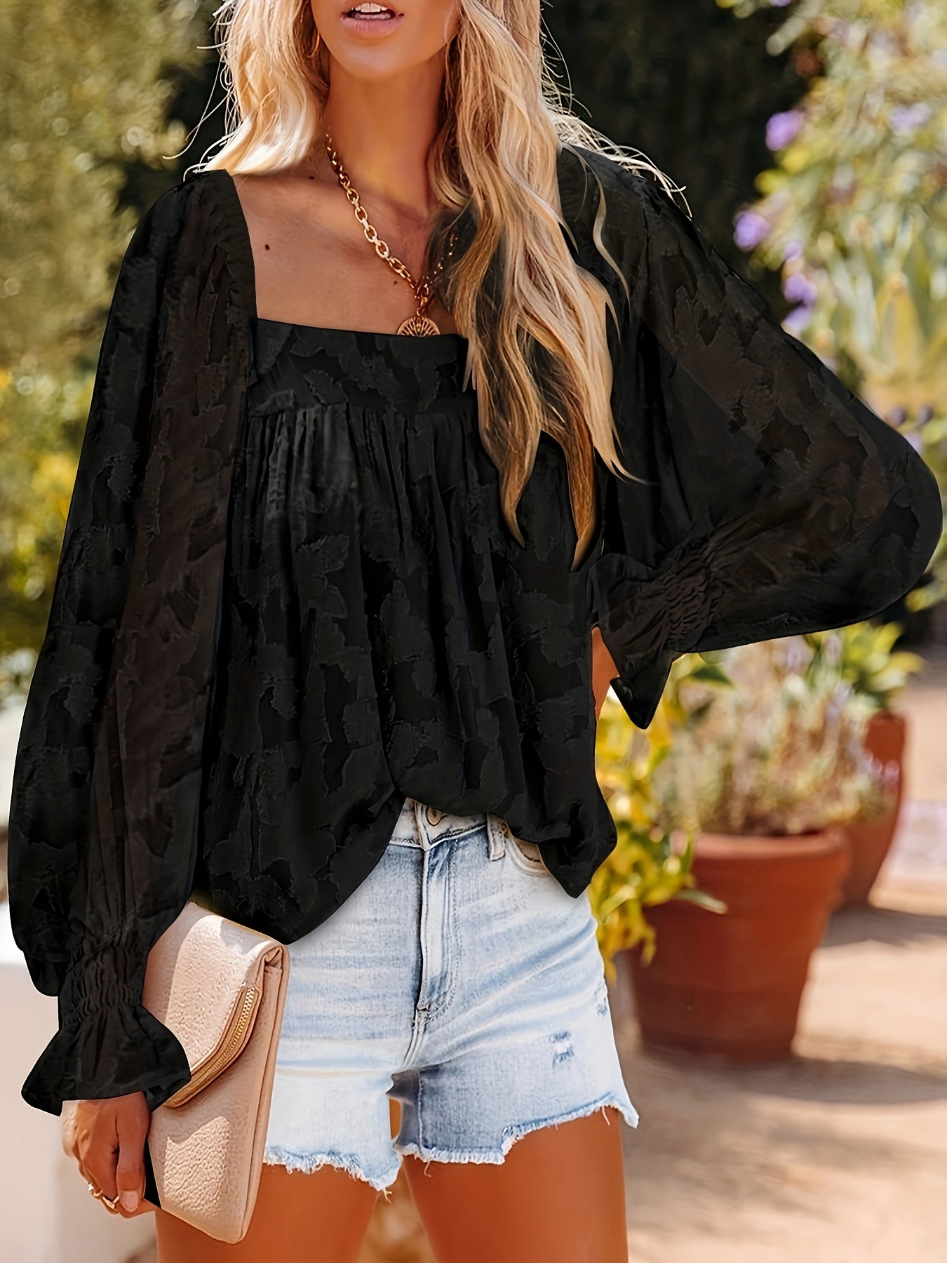  Casual Mesh Flounce Sleeve Blouse