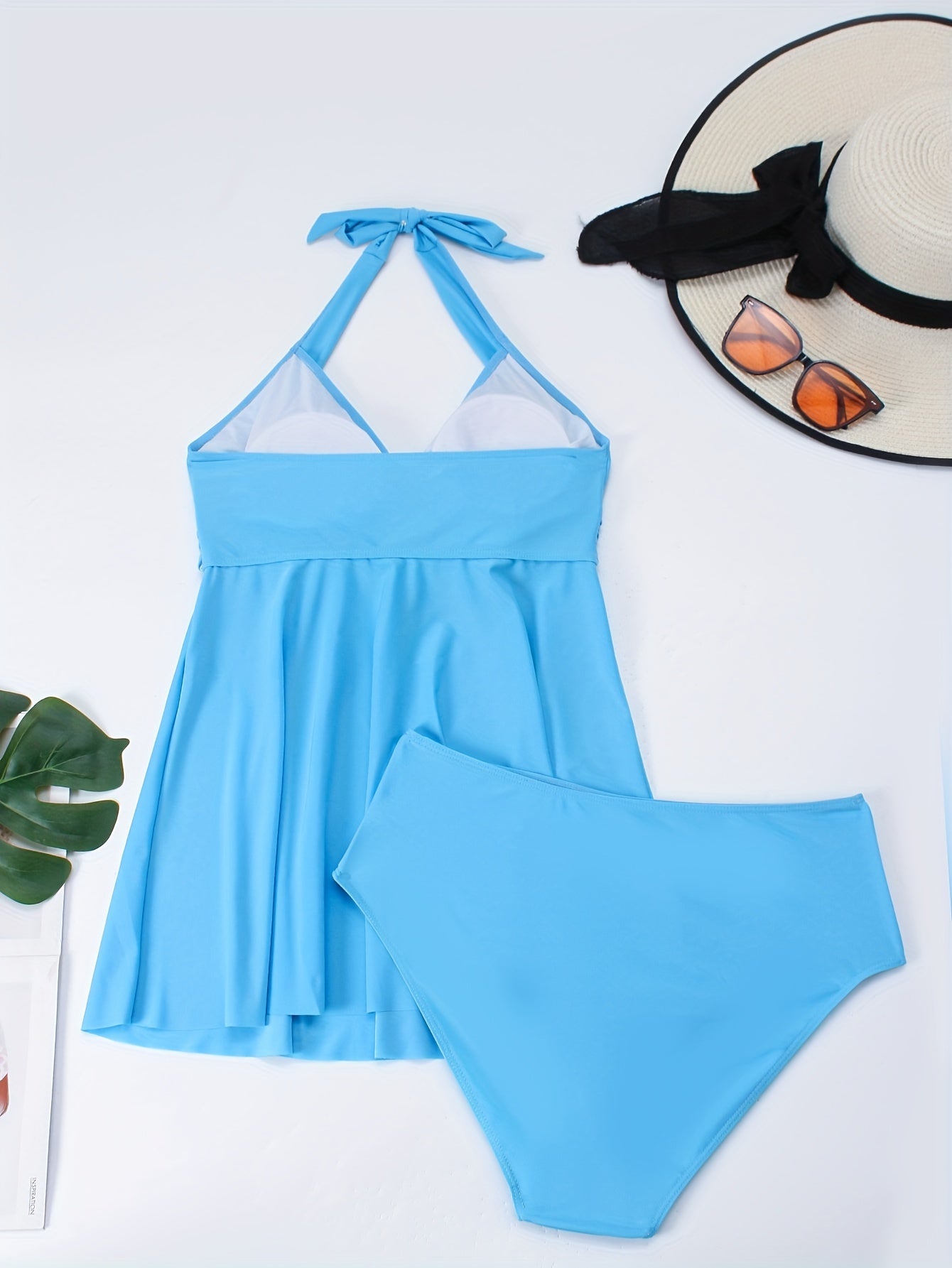  Solid Cross Front Halter Dress & Panty Swimsuit 2 Piece Set
