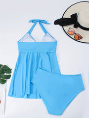  Solid Cross Front Halter Dress & Panty Swimsuit 2 Piece Set