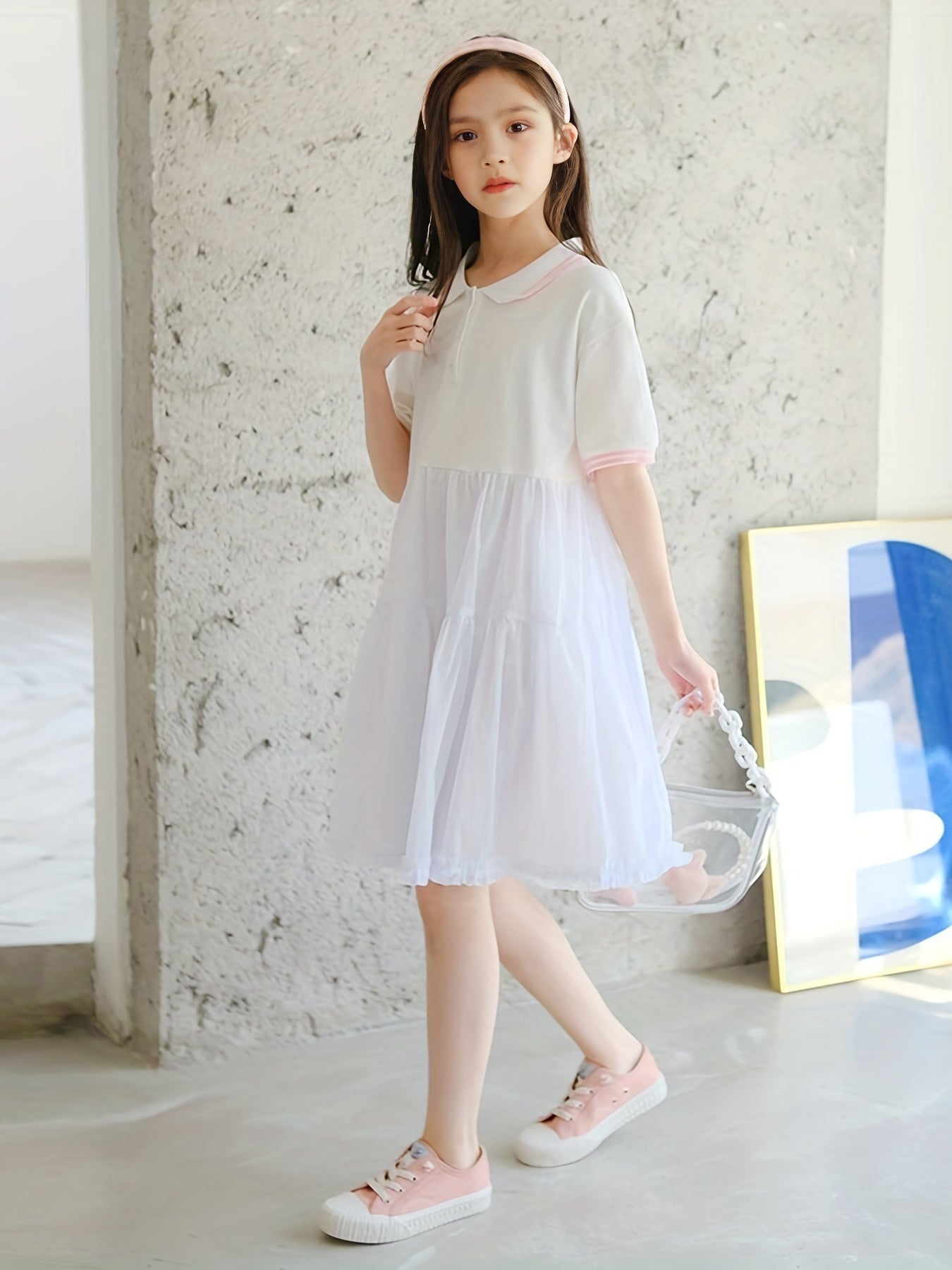 Girls' Cotton Polo Dress Short Sleeve Button Up Casual One Piece