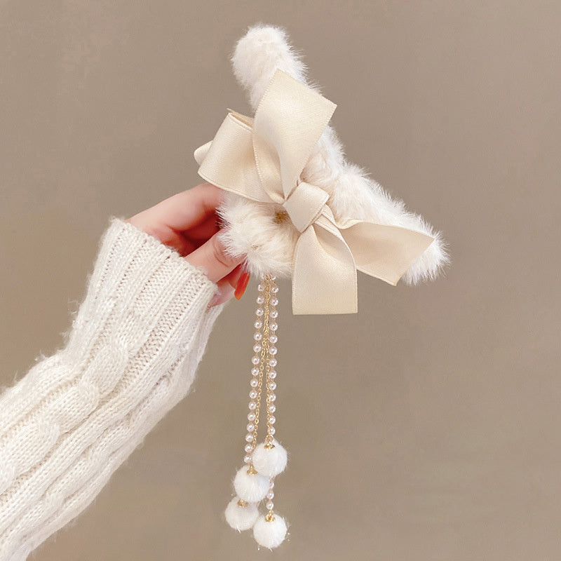 Plush Bow Tassel Hairpin Claw Clip Back Head Grab Clip Female Hairpin