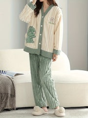 Cartoon Print Plush Pajamas Soft & Warm Women's Sleepwear