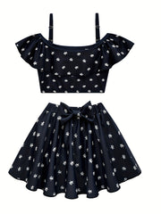 Girl's Floral Pattern Bikini Set Ruffle Decor Swimsuit Cami Top & Briefs