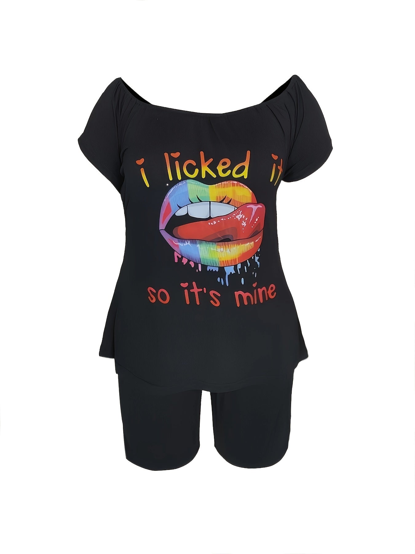 Plus Lip & Slogan Print Off Shoulder Tee & Shorts Set