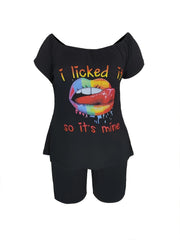 Plus Lip & Slogan Print Off Shoulder Tee & Shorts Set