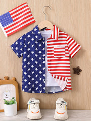 Boys Stars & Stripes Print Shirt Short Sleeve Collared Tops For Kids Summer