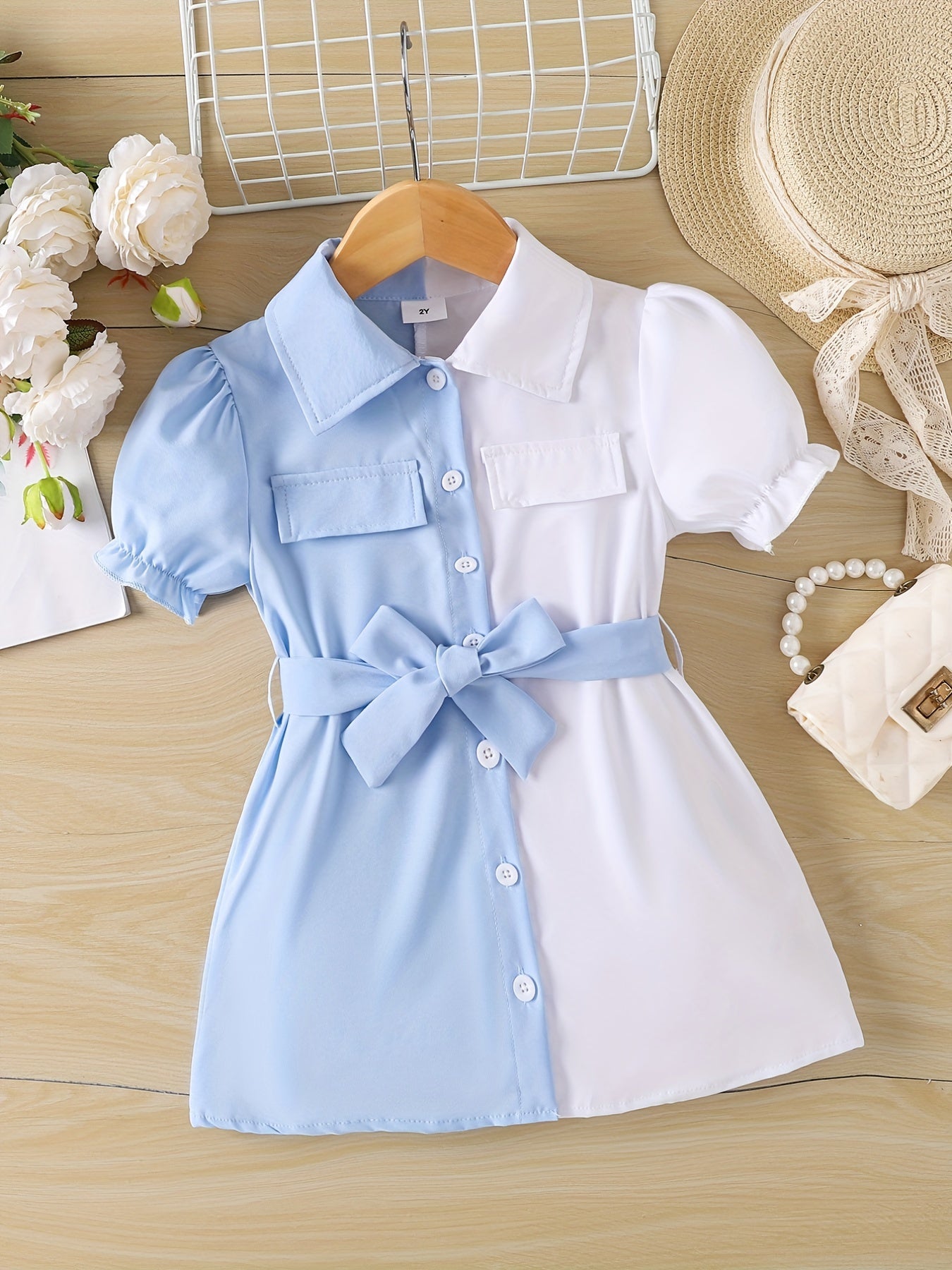 Toddler Girls Puff Sleeve Button Block Casual Shirt Dress
