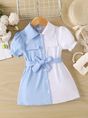 Toddler Girls Puff Sleeve Button Block Casual Shirt Dress