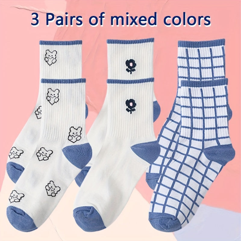 3 Pairs Bear & Plaid Print Socks Comfy & Mid Tube Socks Women's Stockings