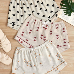 3pcs Heart & Floral Print Sleep Bottoms & Bow Elastic Waistband Shorts