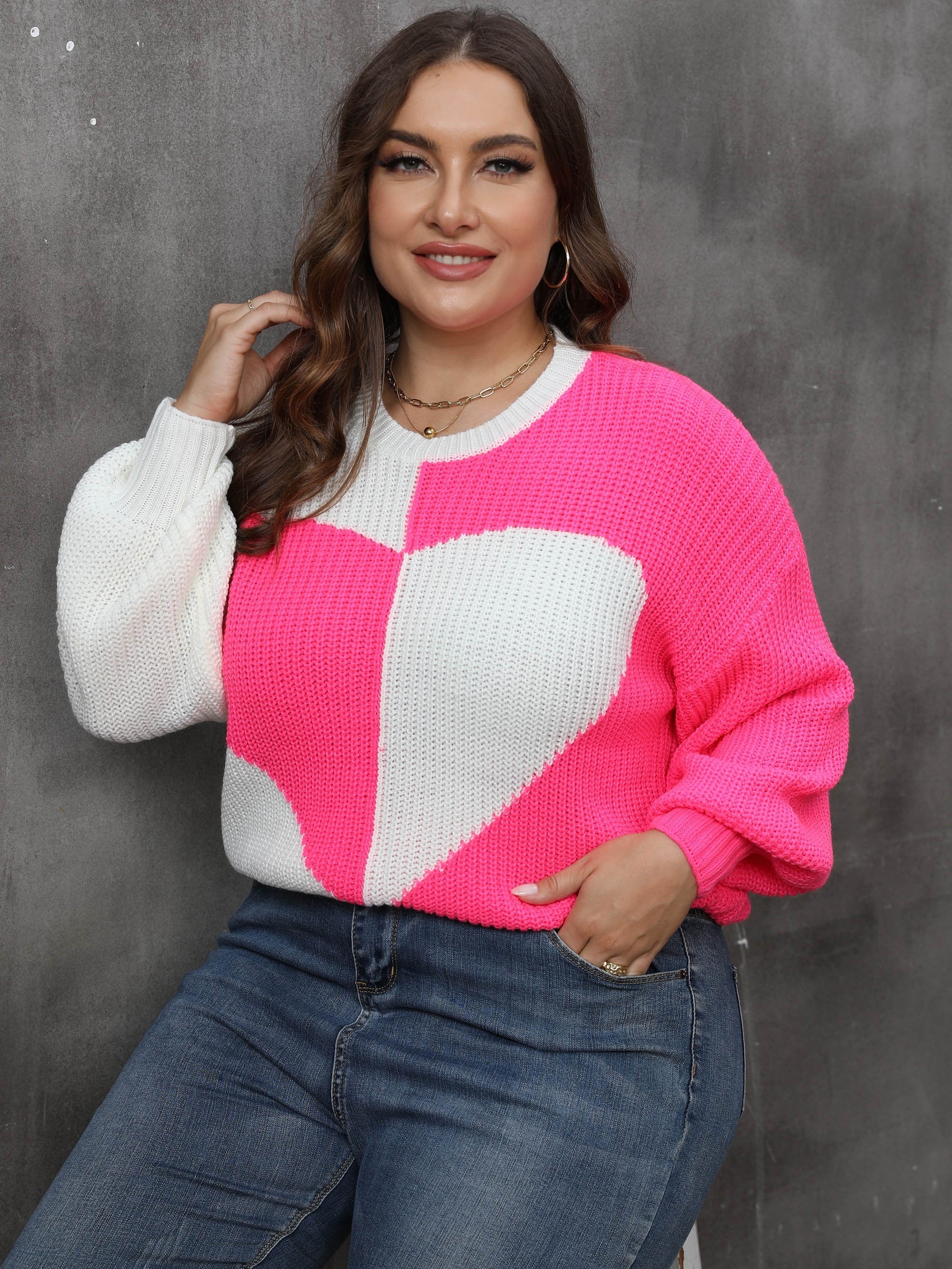  Colorblock Heart Print Round Neck Sweater