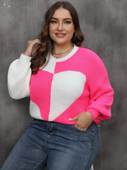  Colorblock Heart Print Round Neck Sweater