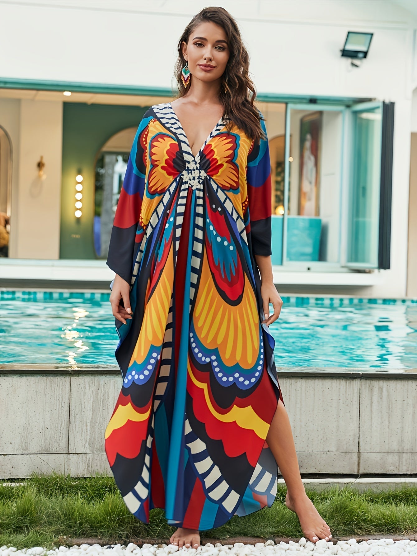  Boho Dress Women's Plus Allover Print Batwing Sleeve V Neck Side Split