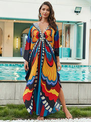  Boho Dress Women's Plus Allover Print Batwing Sleeve V Neck Side Split