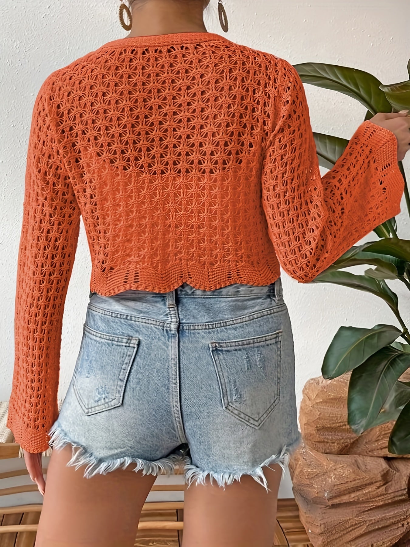  Casual Cardigan Women's Plus Solid Hollow Out Long Sleeve