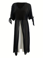 Colorblock Faux Pearl V Neck Maxi Dress