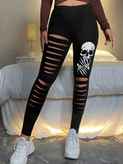  Halloween Leggings Women's Plus Funny Skull Print Ripped Elastic