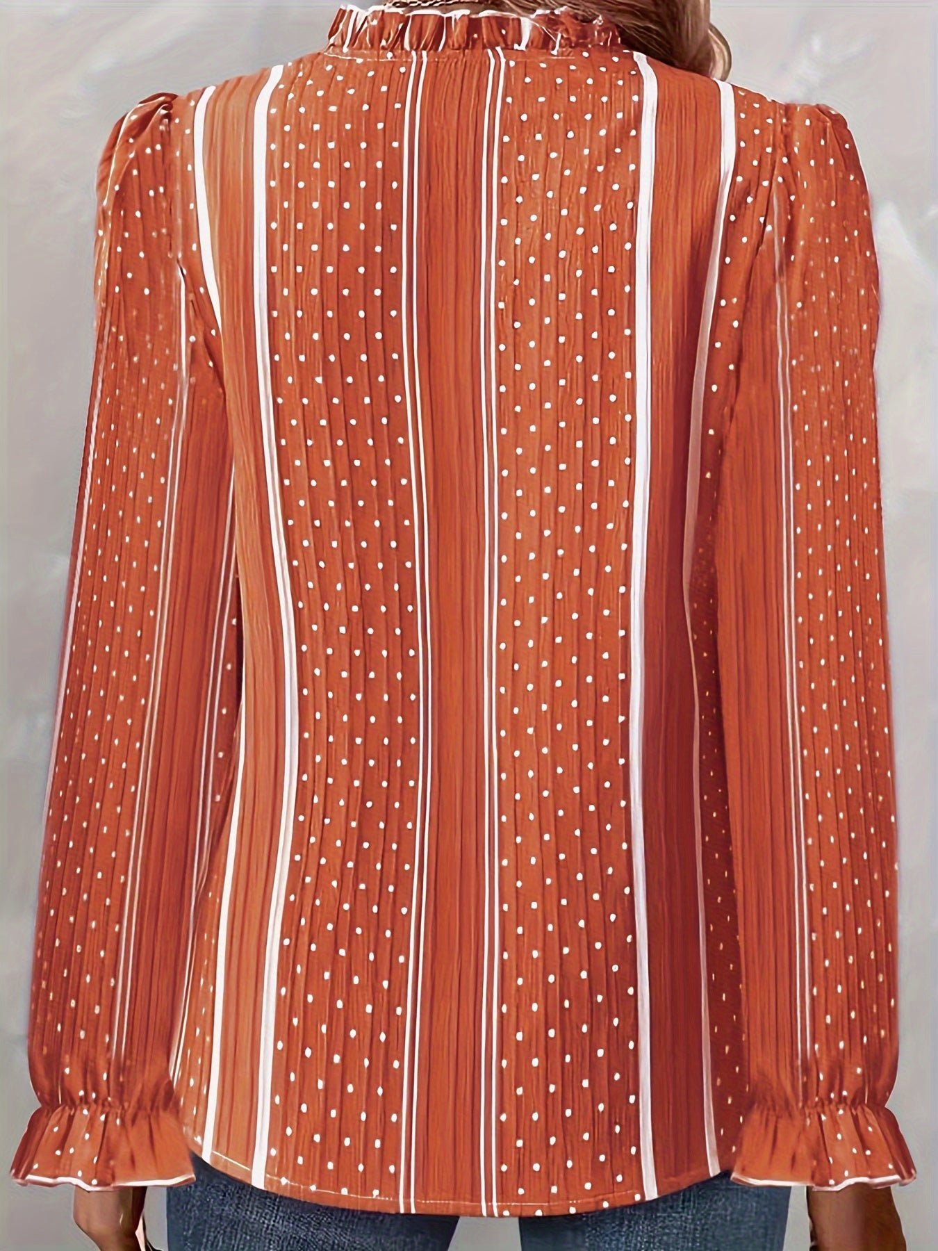  Stripe & Dot Print Flounce Sleeve Ruffle Trim Blouse